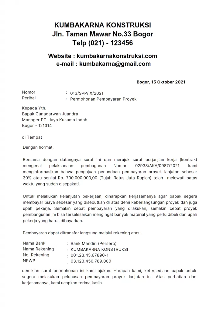 surat permohonan pembayaran